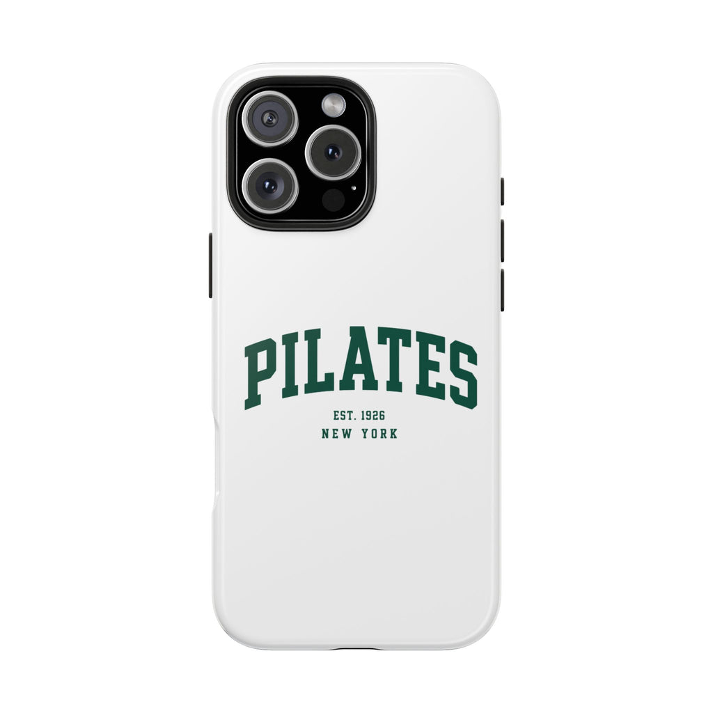 Pilates Tough Phone Case — White Protective Case with 'PILATES' Collegiate Logo