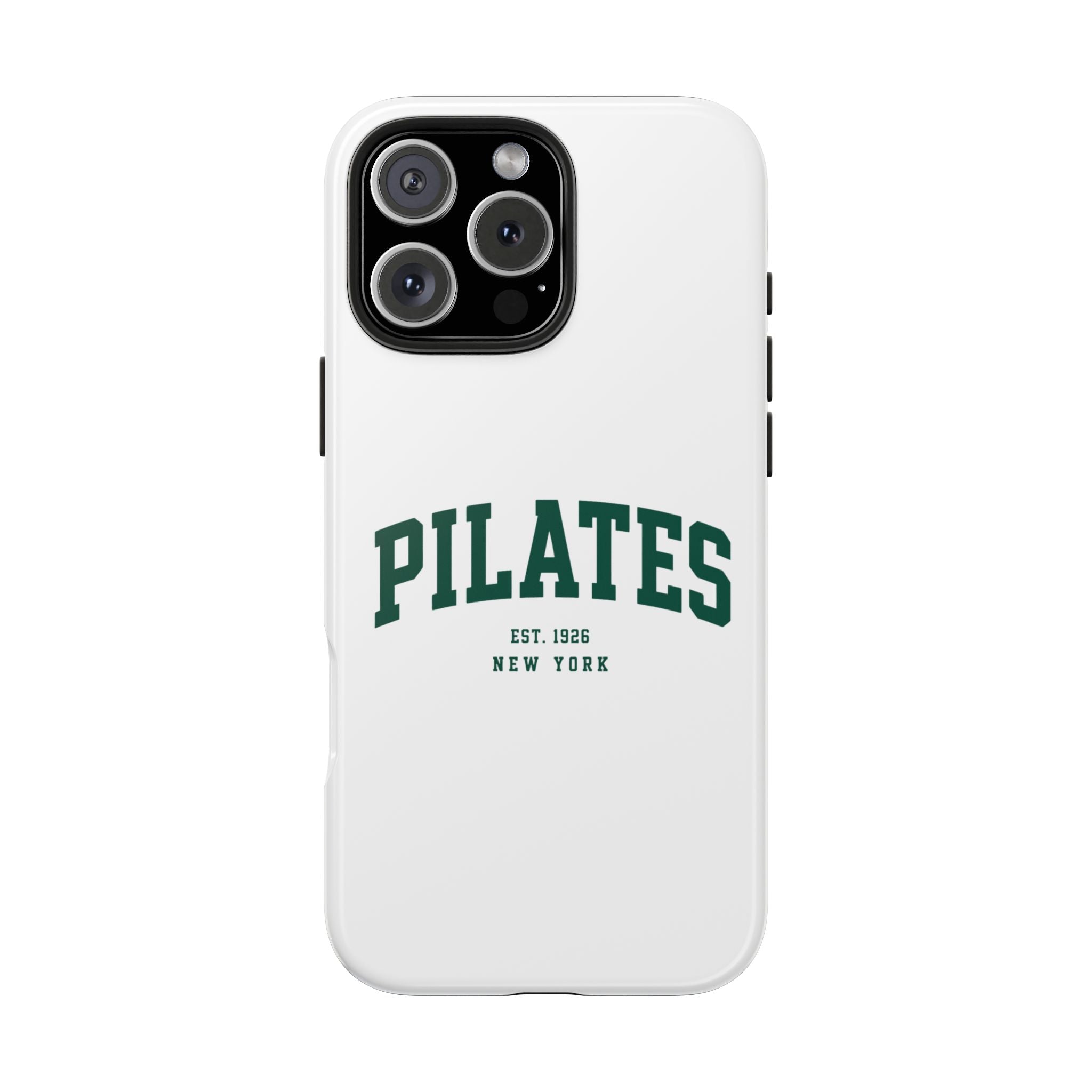 Pilates Tough Phone Case — White Protective Case with 'PILATES' Collegiate Logo
