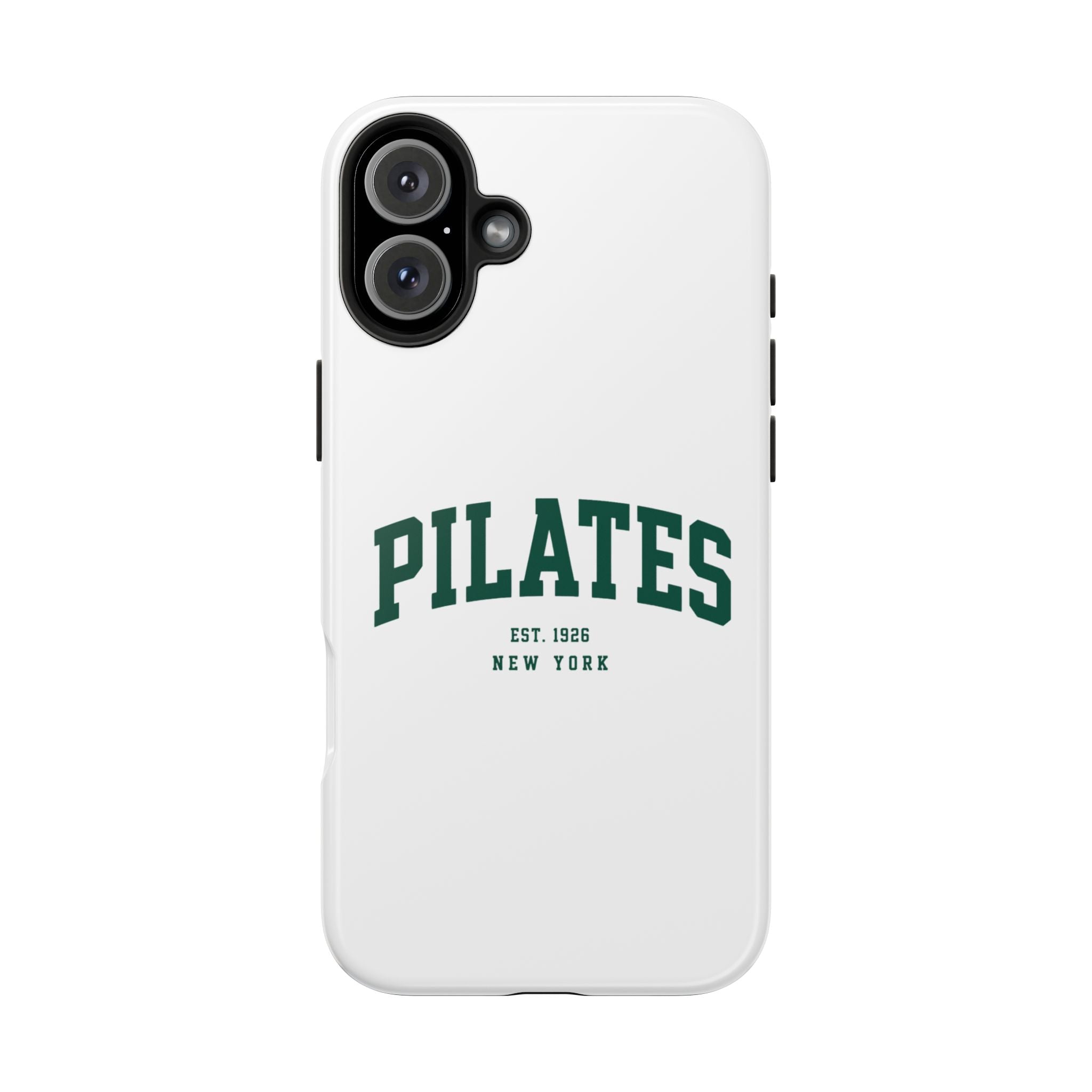 Pilates Tough Phone Case — White Protective Case with 'PILATES' Collegiate Logo