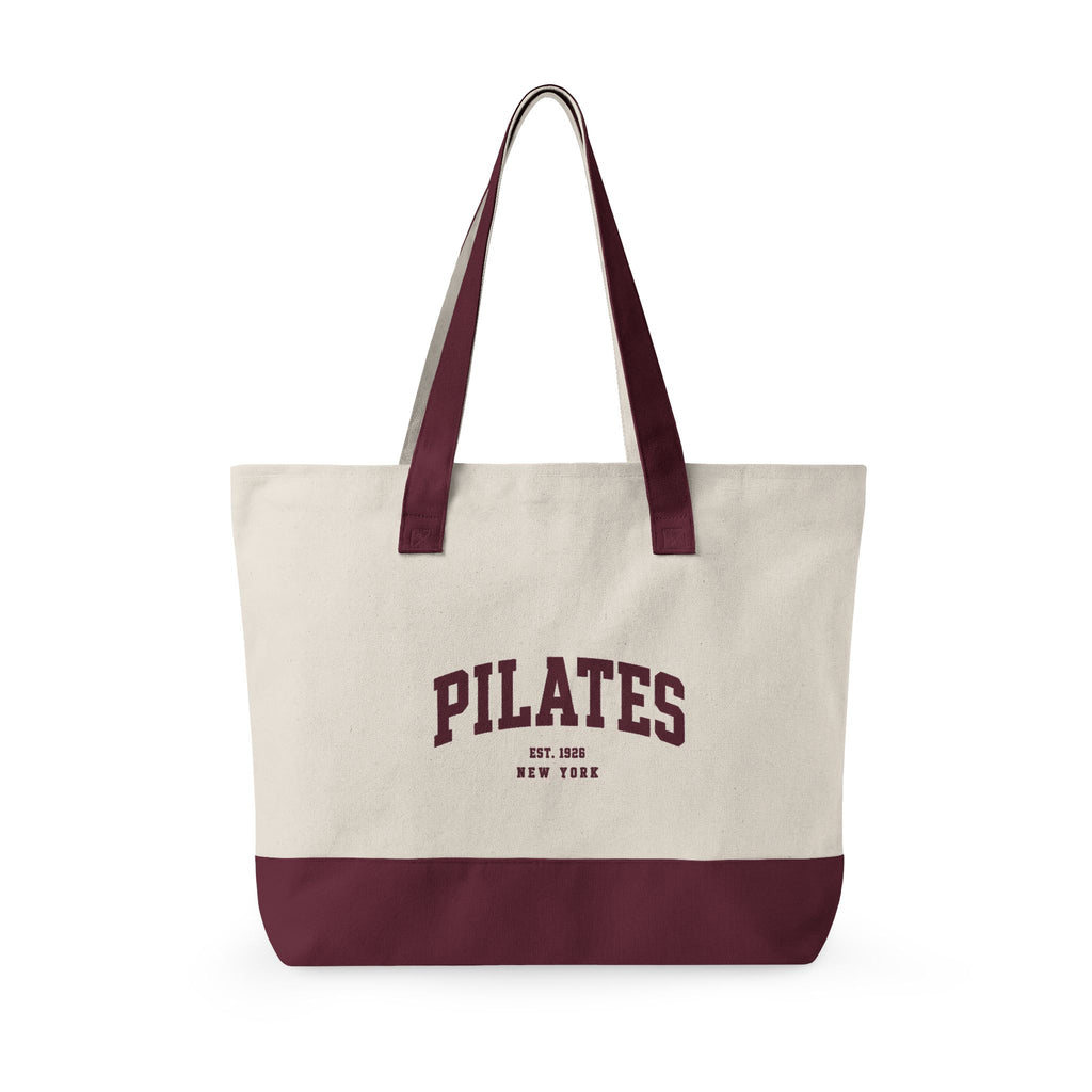 Pilates Canvas Tote Bag — Zippered Gym Tote with Burgundy Accents