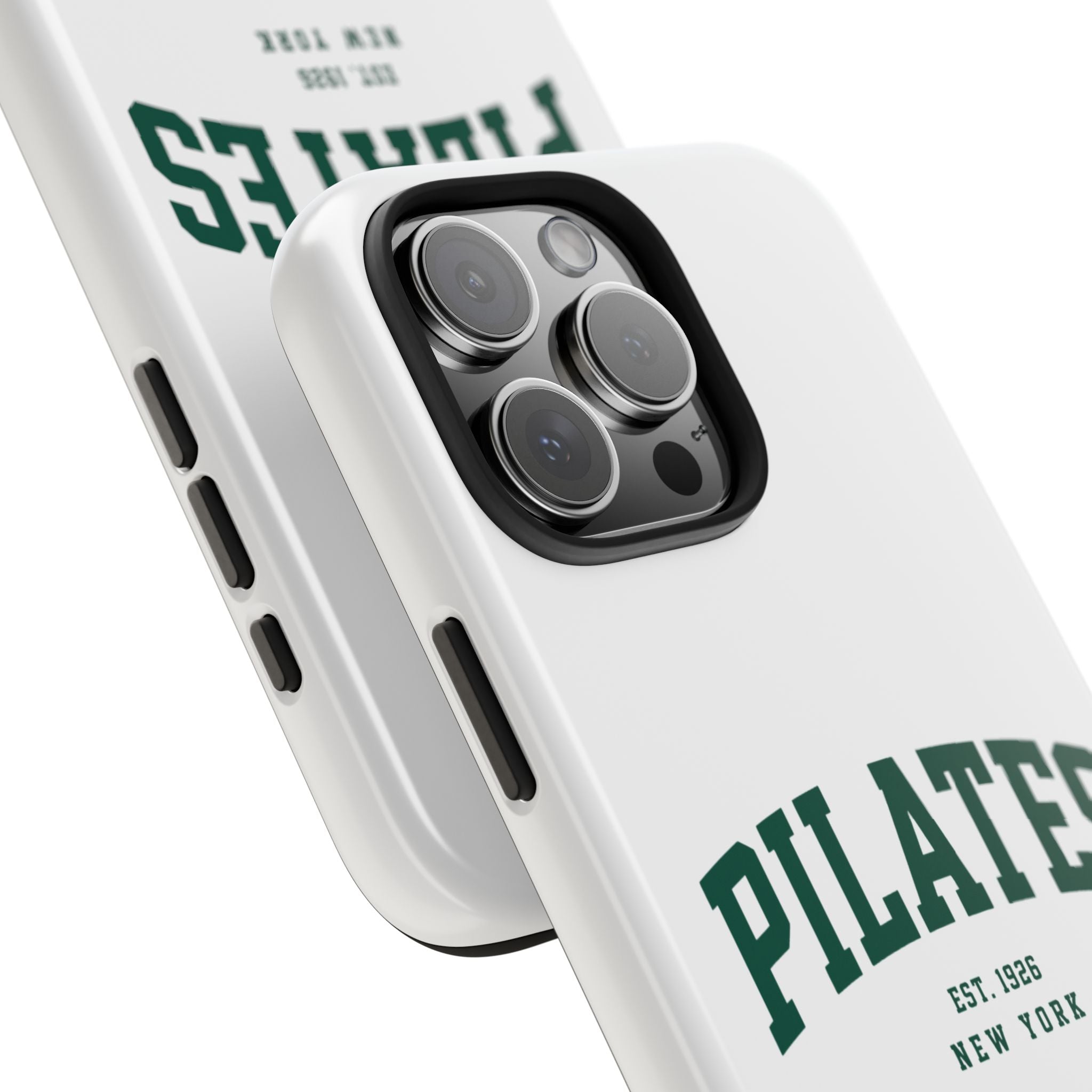 Pilates Tough Phone Case — White Protective Case with 'PILATES' Collegiate Logo