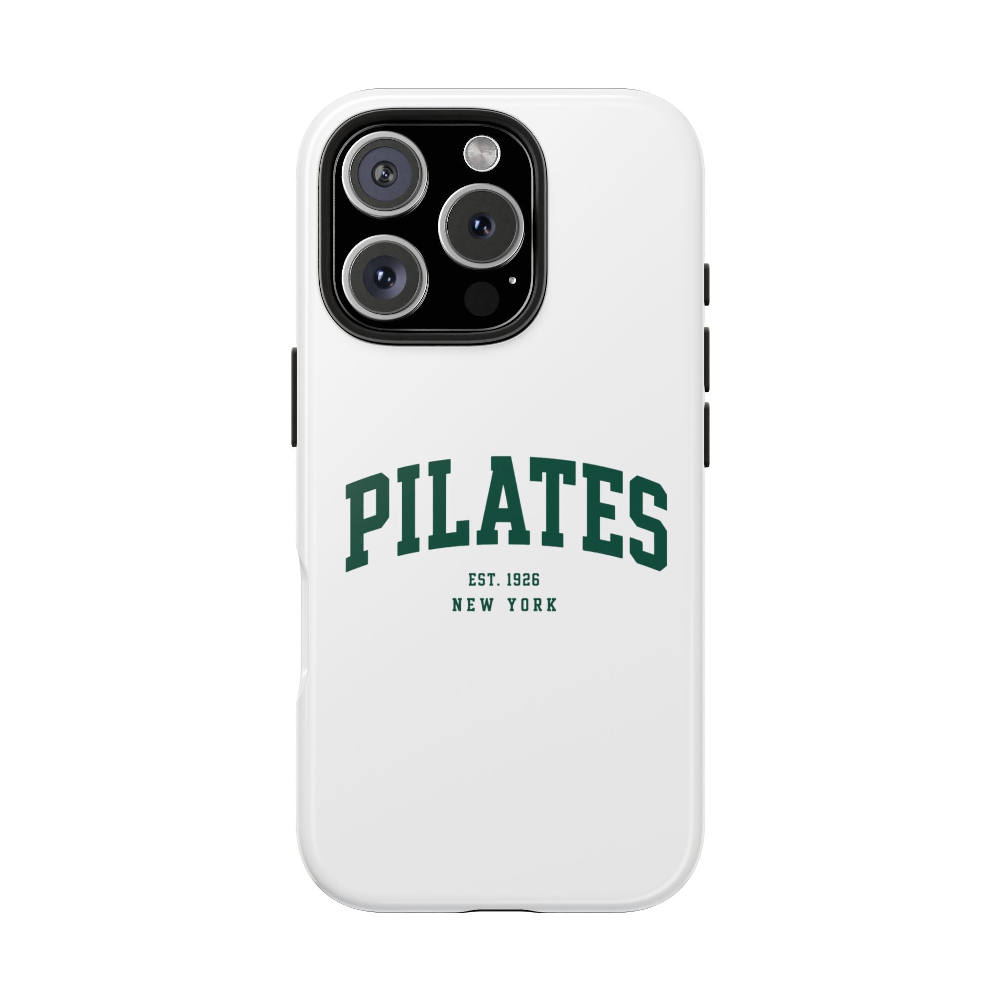 Pilates Tough Phone Case — White Protective Case with 'PILATES' Collegiate Logo