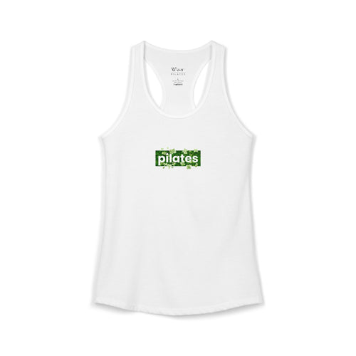 Pilates Box Logo Racerback Tank — Green Floral Print (White)
