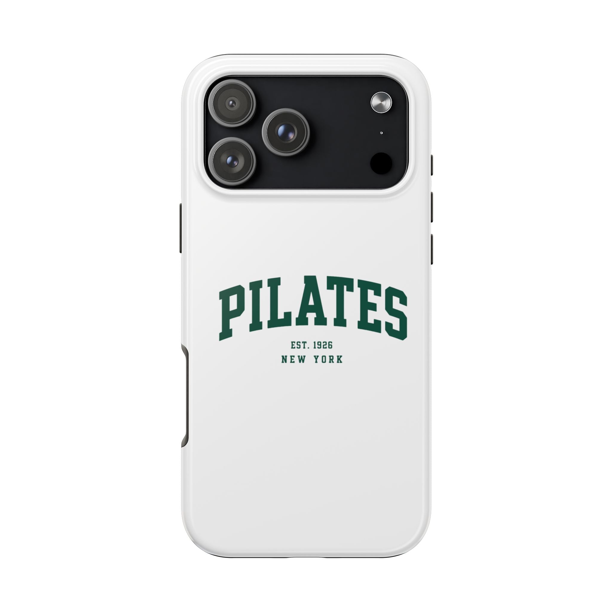 Pilates Tough Phone Case — White Protective Case with 'PILATES' Collegiate Logo