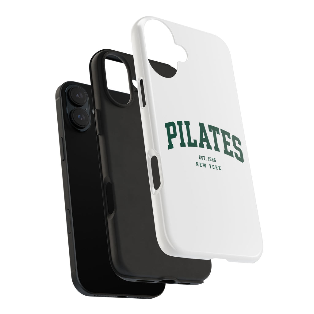 Pilates Tough Phone Case — White Protective Case with 'PILATES' Collegiate Logo