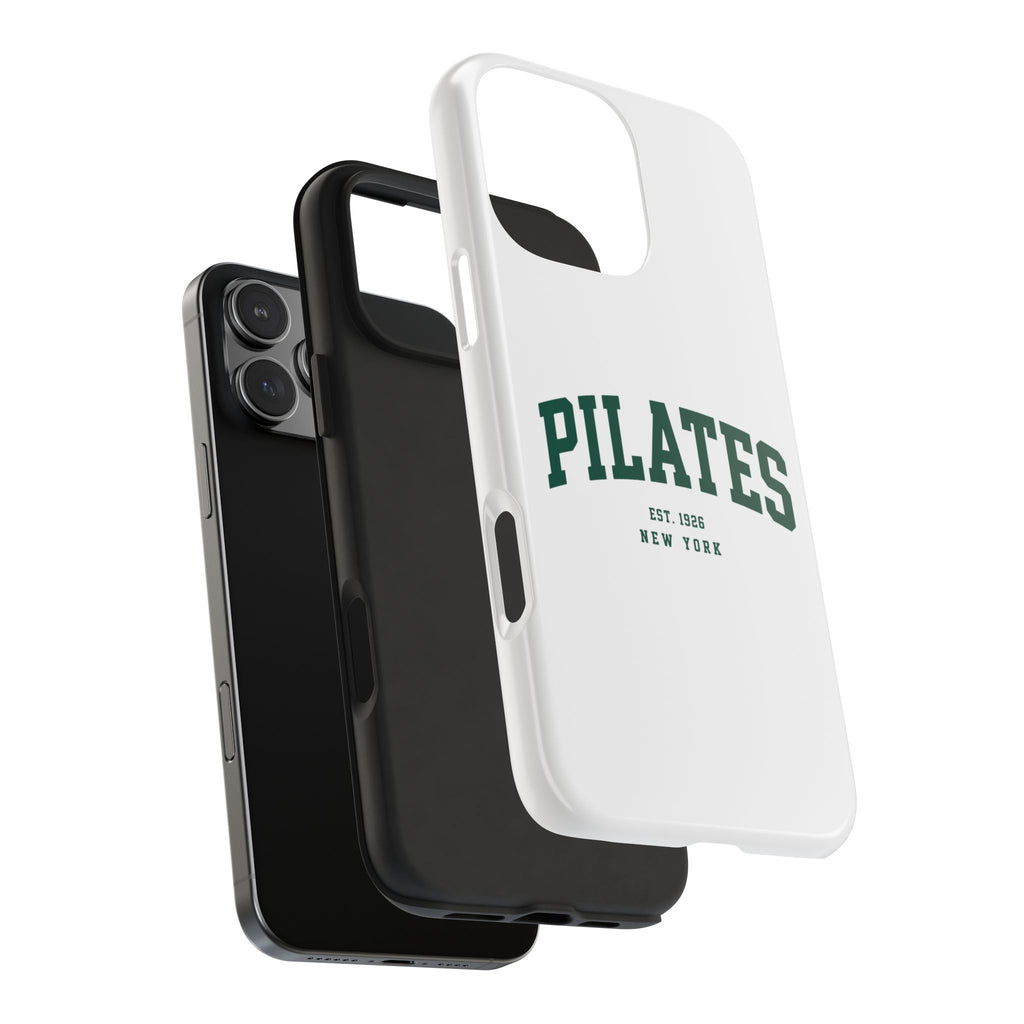 Pilates Tough Phone Case — White Protective Case with 'PILATES' Collegiate Logo