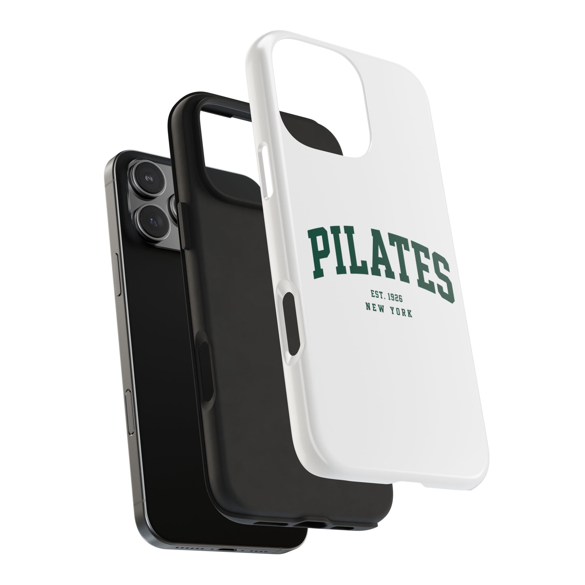 Pilates Tough Phone Case — White Protective Case with 'PILATES' Collegiate Logo