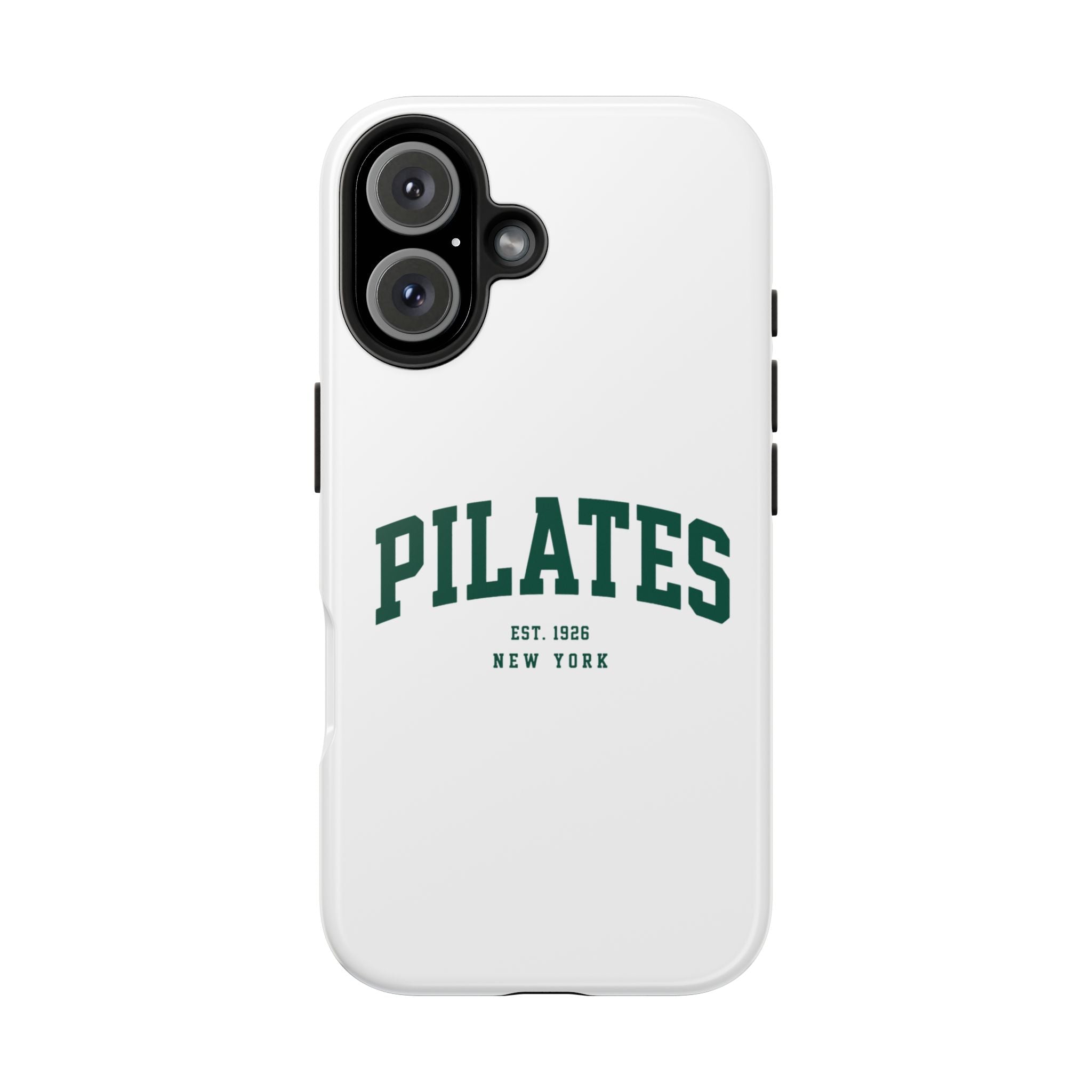 Pilates Tough Phone Case — White Protective Case with 'PILATES' Collegiate Logo