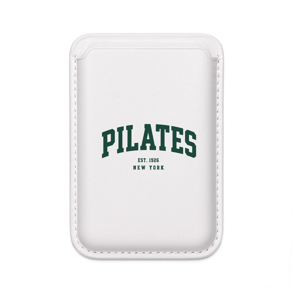 Pilates MagSafe Vegan Wallet — White Card Sleeve with "PILATES" Collegiate Print