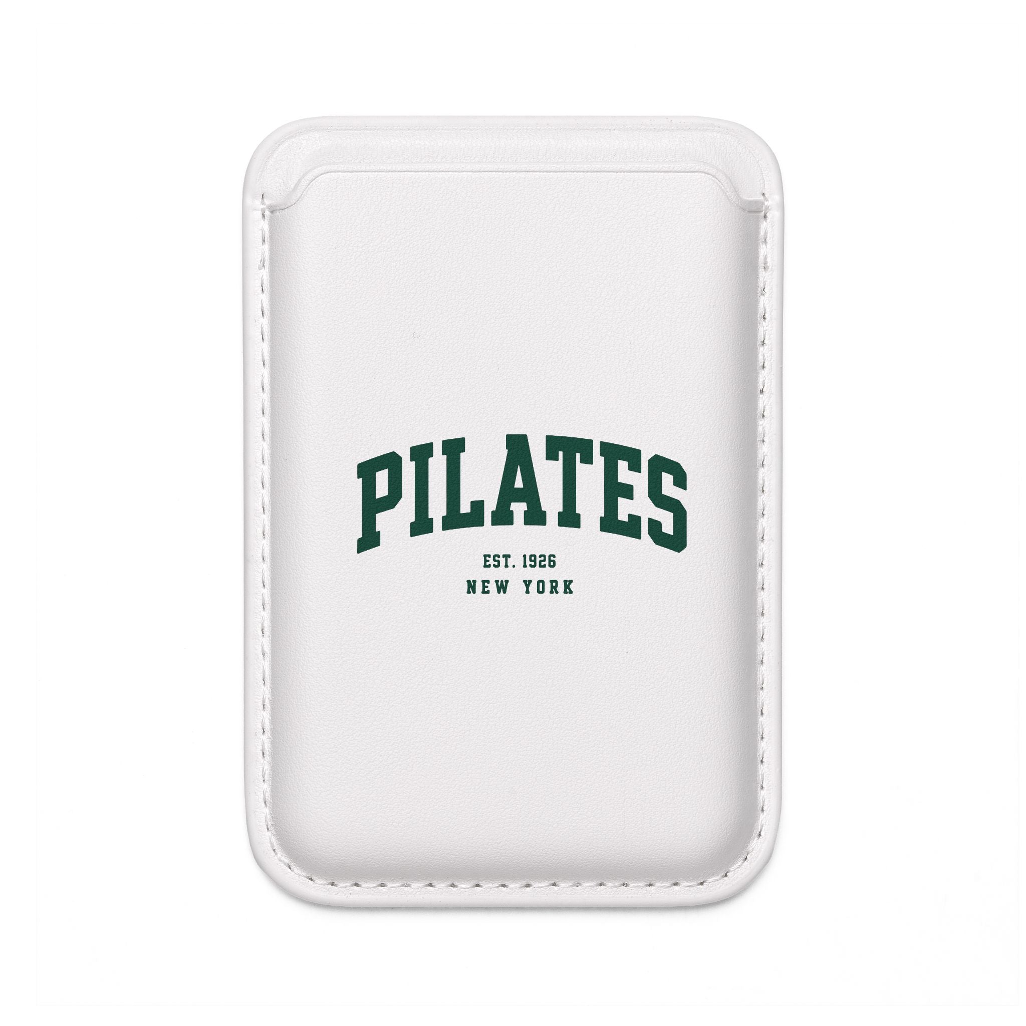 Pilates MagSafe Vegan Wallet — White Card Sleeve with "PILATES" Collegiate Print