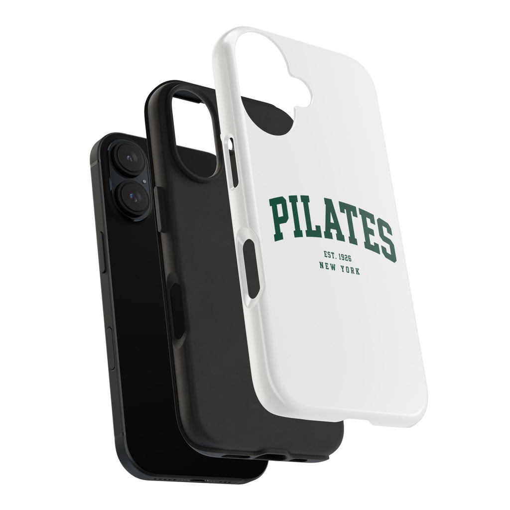 Pilates Tough Phone Case — White Protective Case with 'PILATES' Collegiate Logo