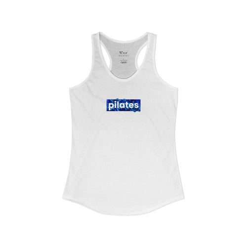 Pilates Box Logo Racerback Tank — Blue Floral Print (White)
