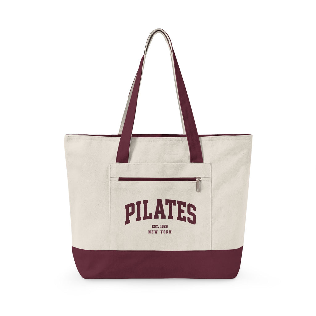 Pilates Canvas Tote Bag — Zippered Gym Tote with Burgundy Accents