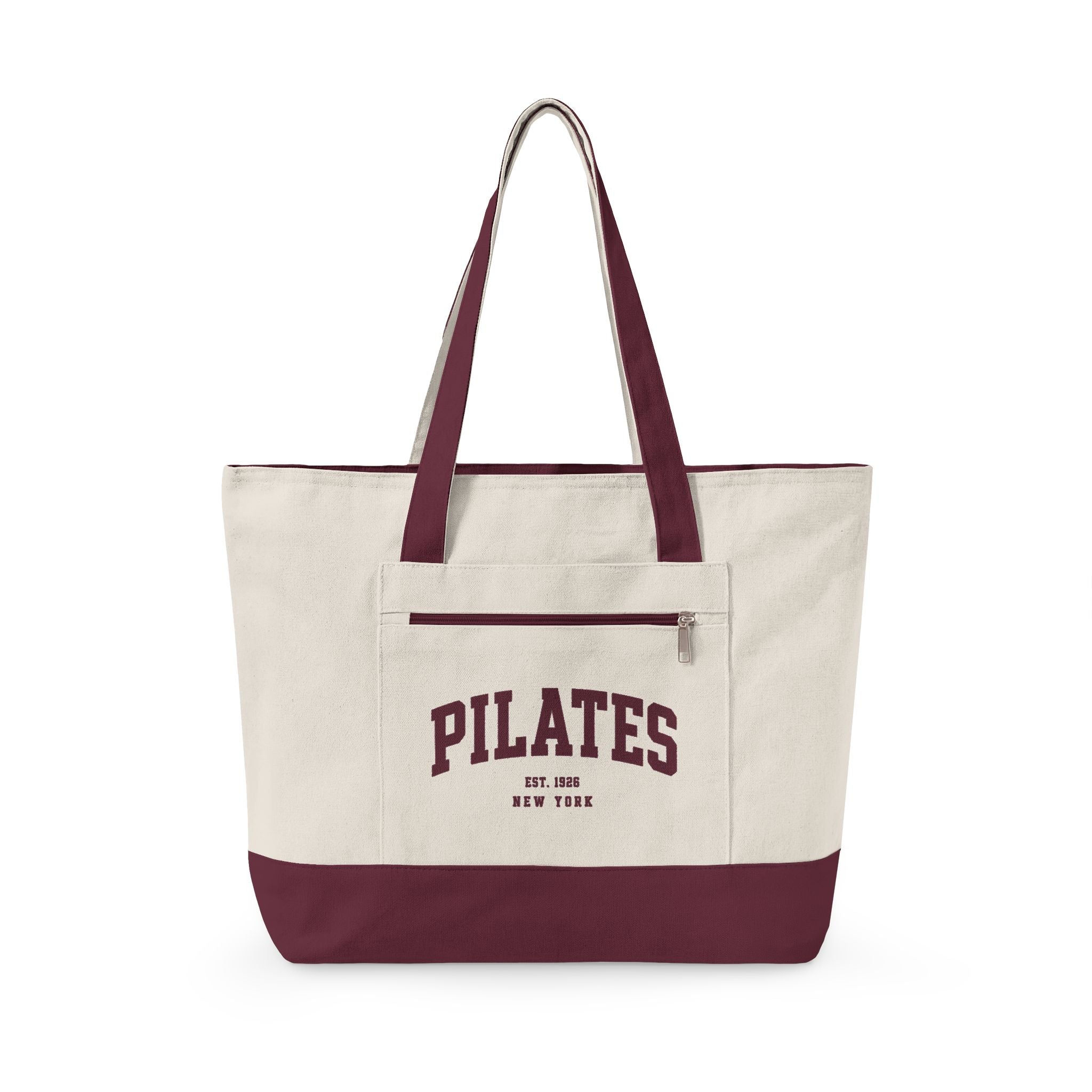 Pilates Canvas Tote Bag — Zippered Gym Tote with Burgundy Accents