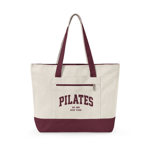 Pilates Canvas Tote Bag — Zippered Gym Tote with Burgundy Accents