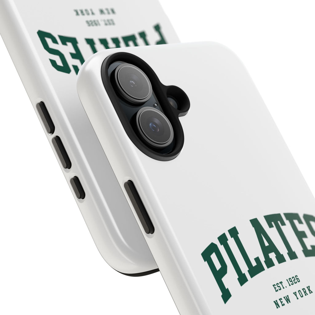 Pilates Tough Phone Case — White Protective Case with 'PILATES' Collegiate Logo