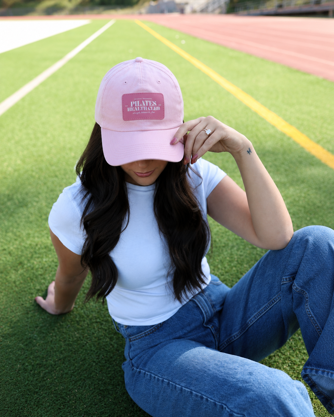 Pilates Health Club Leather Patch Dad Hat — Pink Fitness Baseball Cap