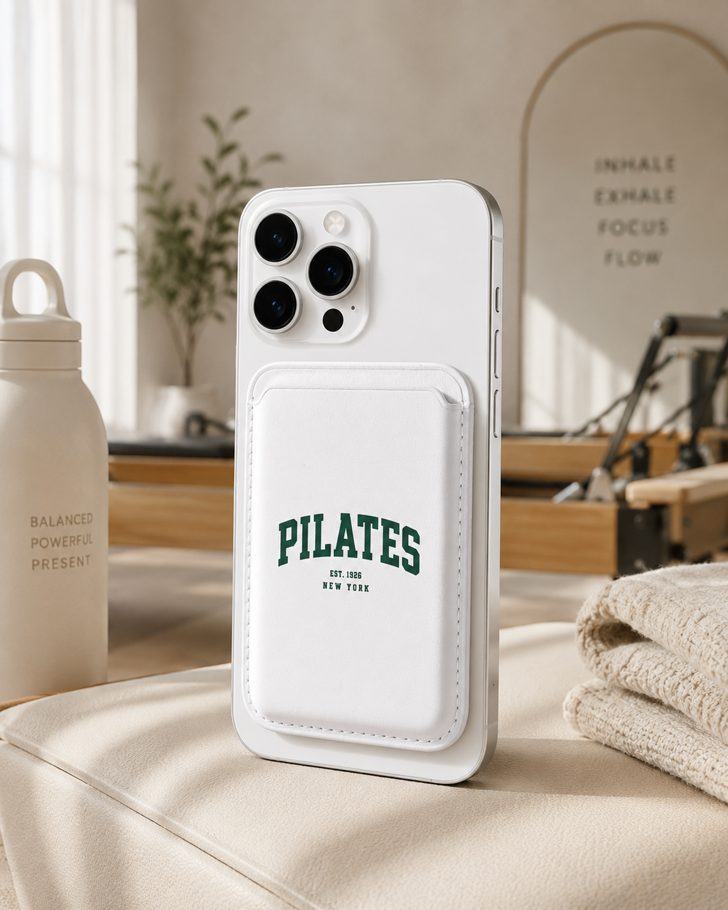 Pilates MagSafe Vegan Wallet — White Card Sleeve with "PILATES" Collegiate Print