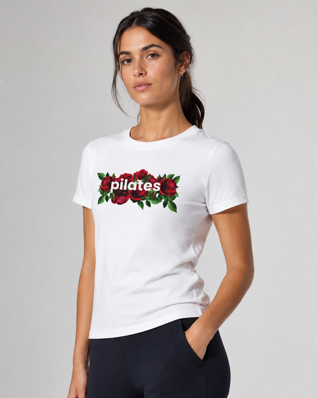 Pilates Floral T-Shirt — Roses Graphic Tee for Fitness & Wellness