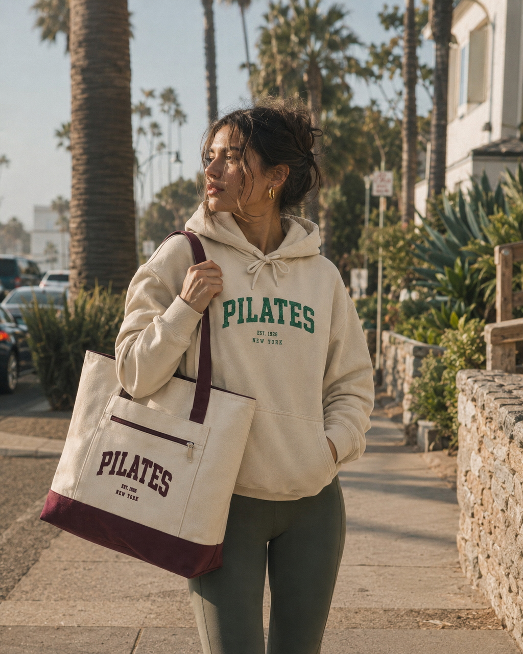Pilates Canvas Tote Bag — Zippered Gym Tote with Burgundy Accents