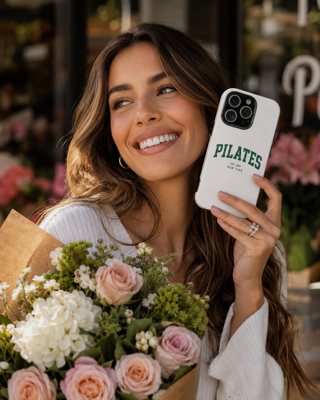 Pilates Tough Phone Case — White Protective Case with 'PILATES' Collegiate Logo