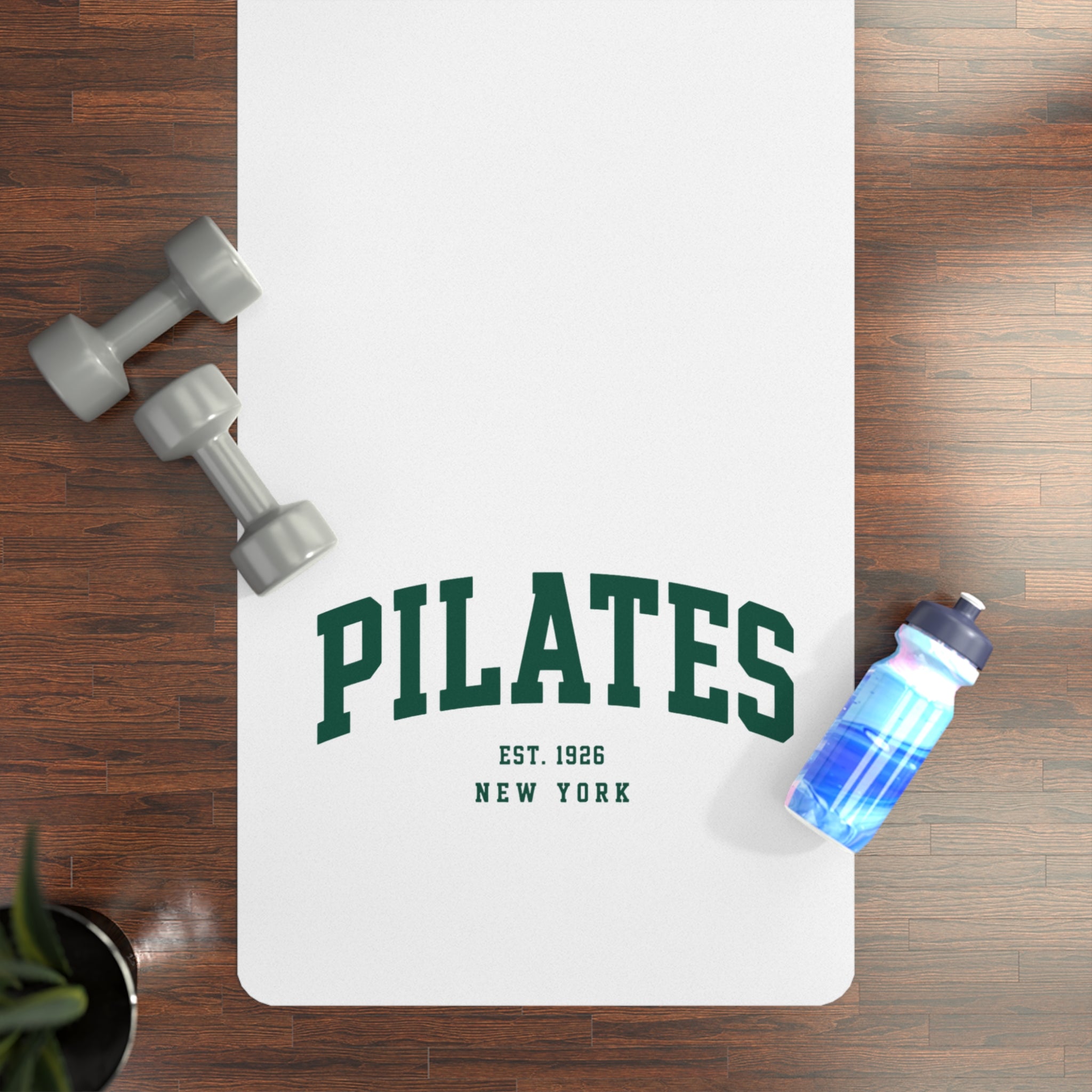 Pilates Rubber Yoga Mat — Non‑Slip Pilates Mat with 'PILATES' Vintage New York Design