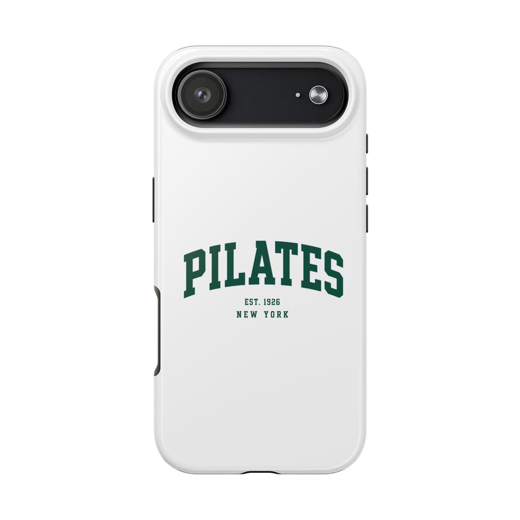 Pilates Tough Phone Case — White Protective Case with 'PILATES' Collegiate Logo