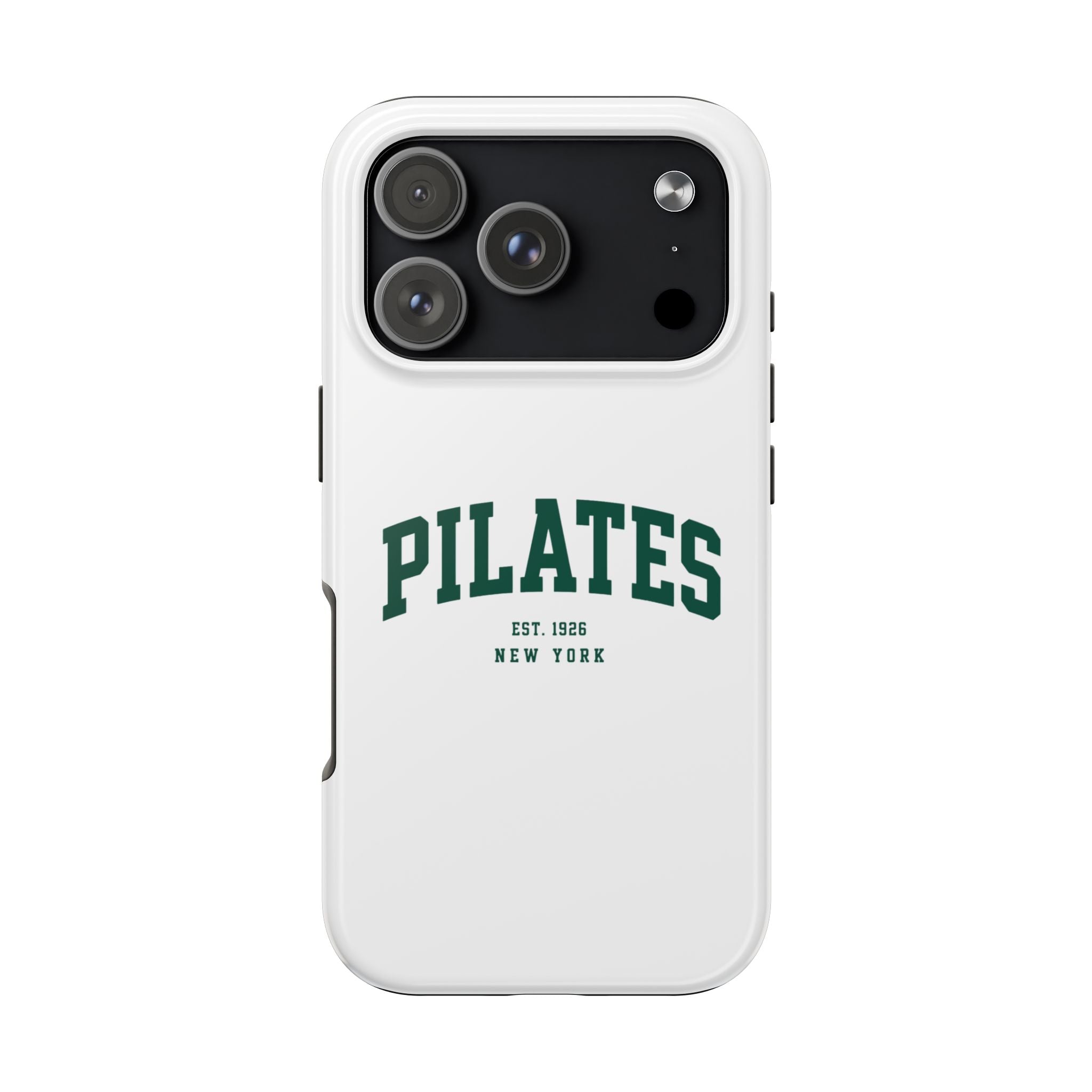 Pilates Tough Phone Case — White Protective Case with 'PILATES' Collegiate Logo