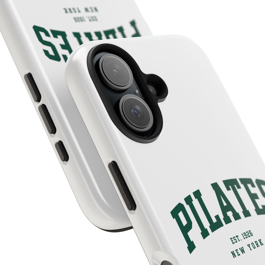 Pilates Tough Phone Case — White Protective Case with 'PILATES' Collegiate Logo