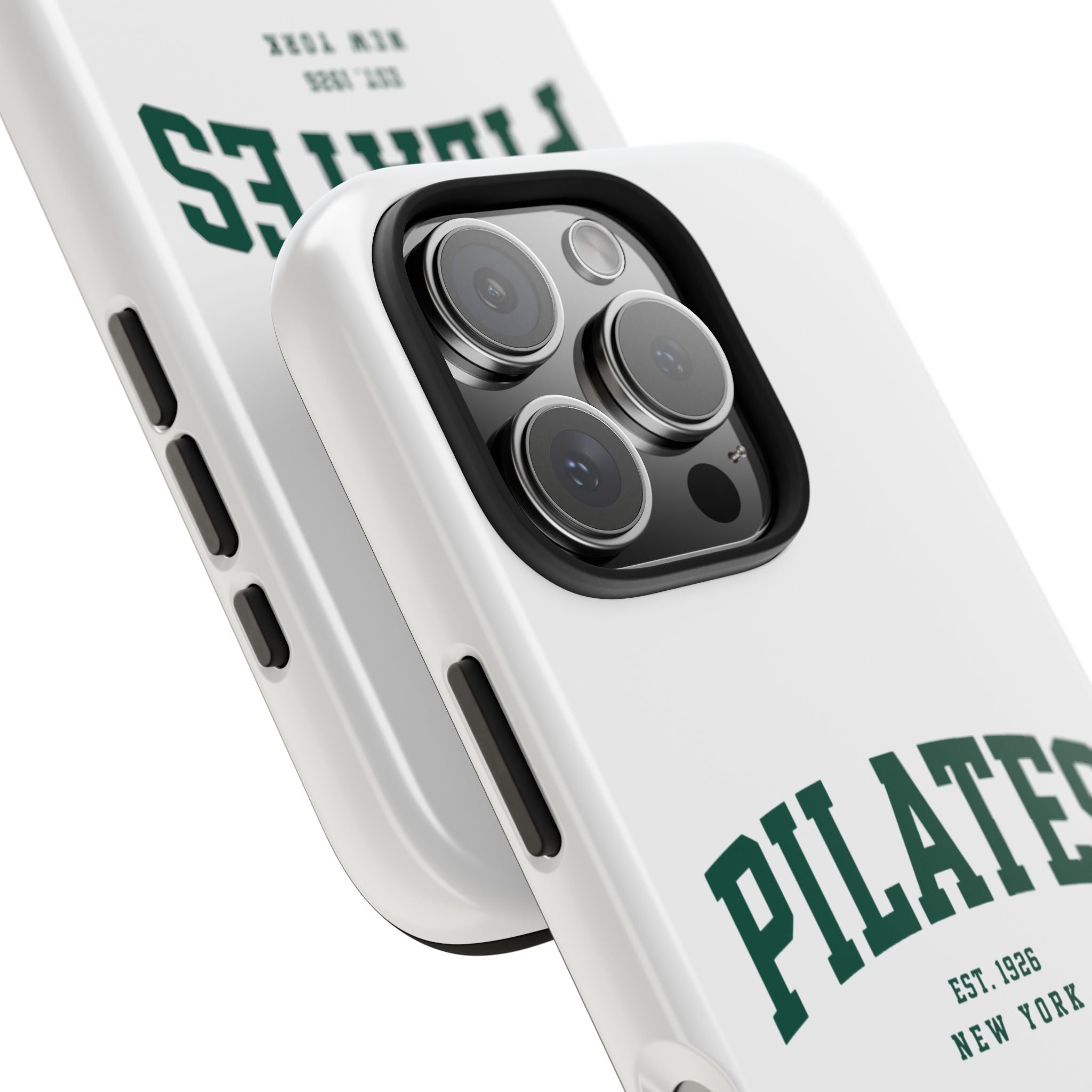 Pilates Tough Phone Case — White Protective Case with 'PILATES' Collegiate Logo