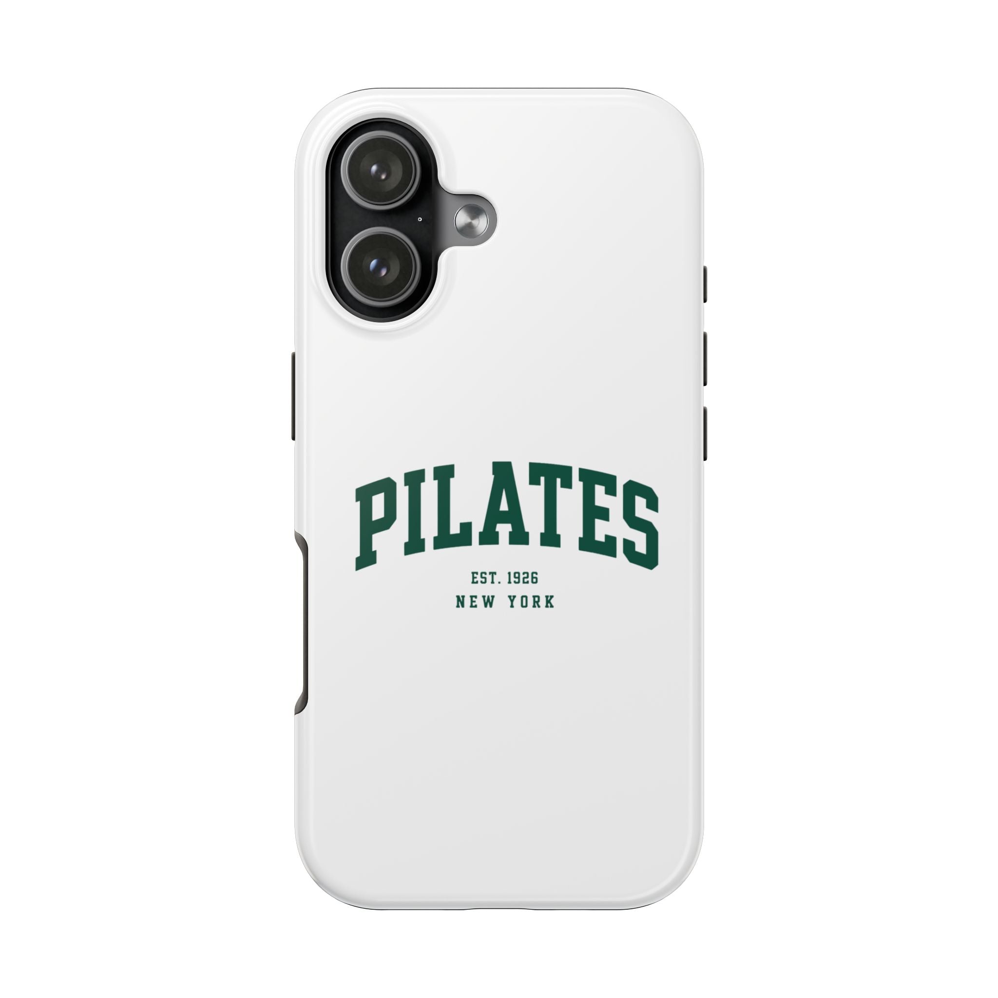 Pilates Tough Phone Case — White Protective Case with 'PILATES' Collegiate Logo