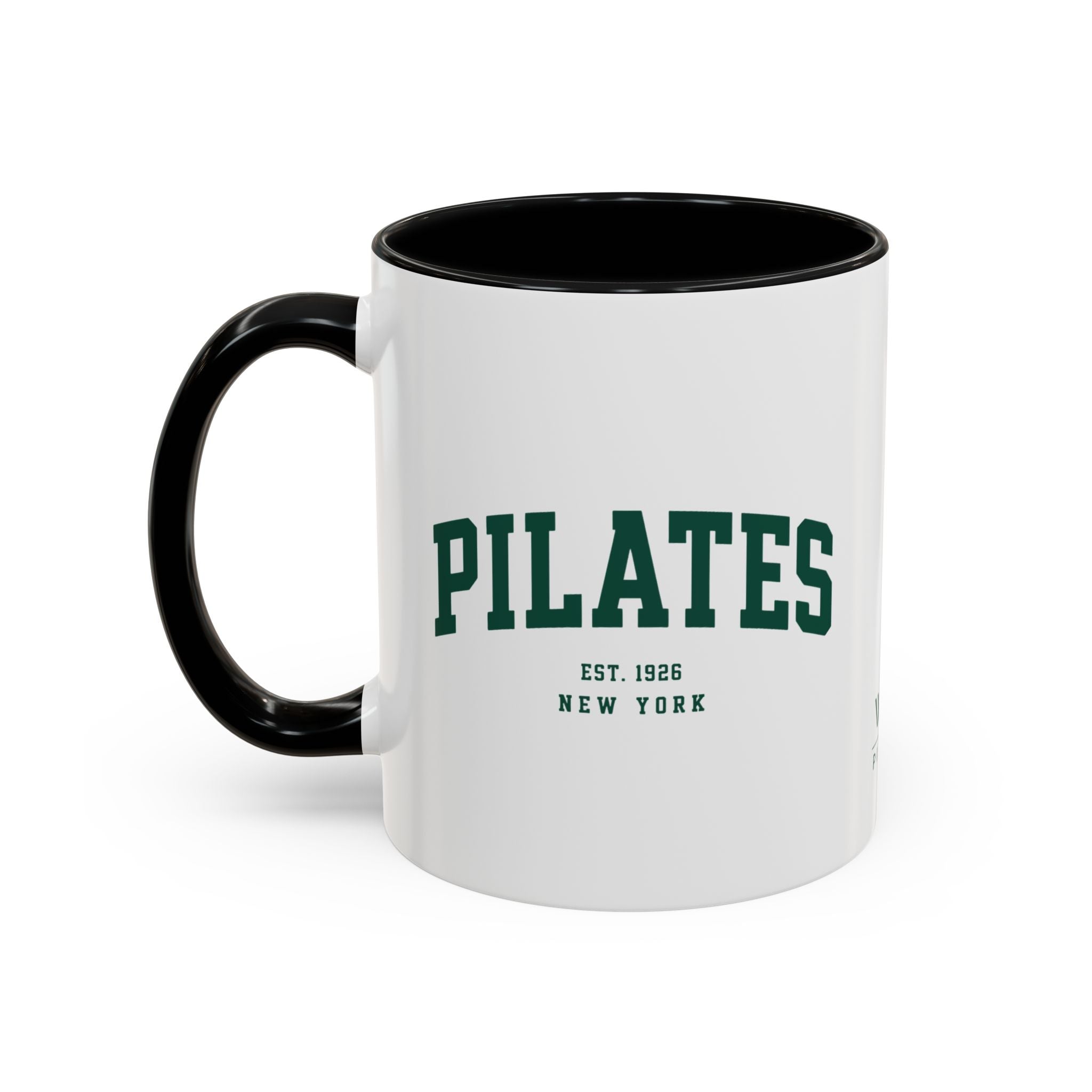 Pilates Accent Coffee Mug — 'PILATES' Collegiate Design, Wear Pilates Logo (11/15oz)